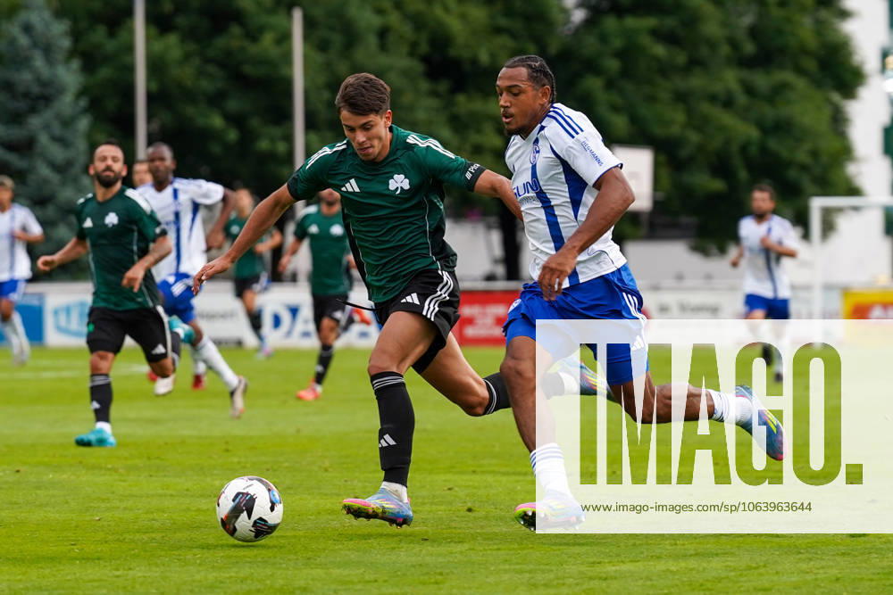 FC Schalke 04 training camp Neustift im Stubaital test match 09 07 2025 FC Schalke 04 vs Panathinaikos Athens Silberstadt Arena Schwaz, Austria Giorgos Vagiannidis Panathinaikos , Anton Donkor Schalke 04