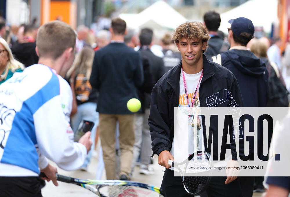 The Formula One British Grand Prix in Silverstone, Towcester, UK - 4 Jul 2025 Chelsea footballer Joao Felix is seen playing tennis in the paddock during the Formula One British Grand Prix at Silverstone. Lando Norris of McLaren Formula 1 Team won the British Grand Prix. Towcester United Kingdom