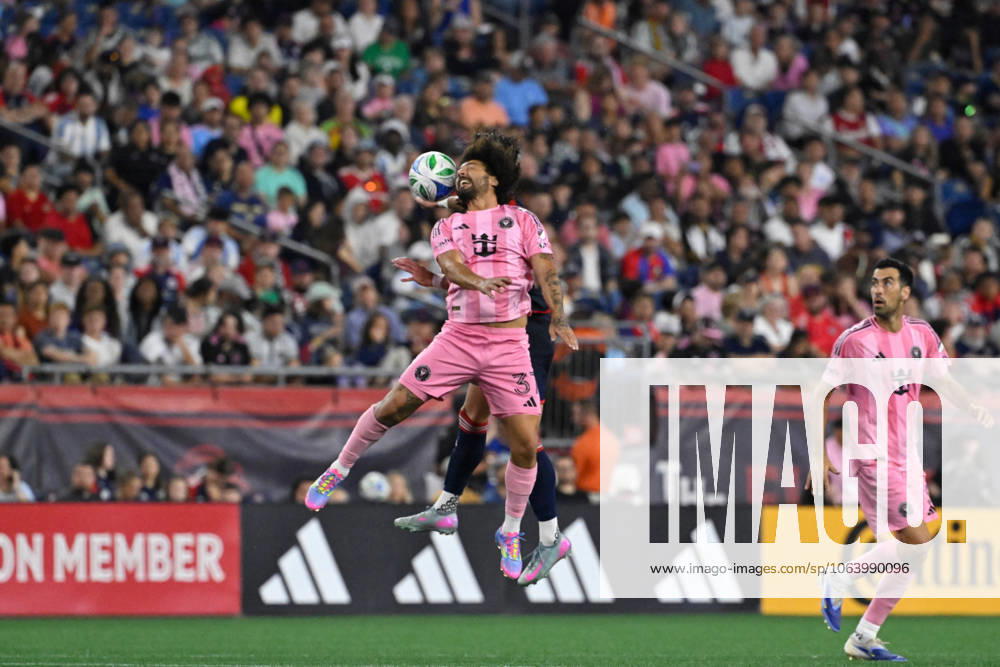 Foxborough, Massachusetts, USA; Inter Miami defender Maximiliano Falcon (37) heads the ball against the New England Revolution during the second half at Gillette Stadium. CSM Foxborough USA - ZUMAc04_ 20250709_zma_c04_083