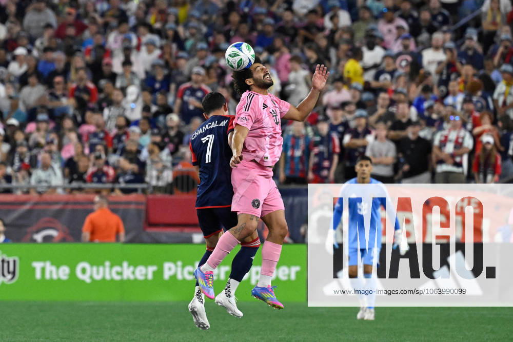 Foxborough, Massachusetts, USA; Inter Miami defender Maximiliano Falcon (37) heads the ball against New England Revolution forward Tomas Chancalay (7) during the second half at Gillette Stadium. CSM Foxborough USA - ZUMAc04_ 20250709_zma_c04_084