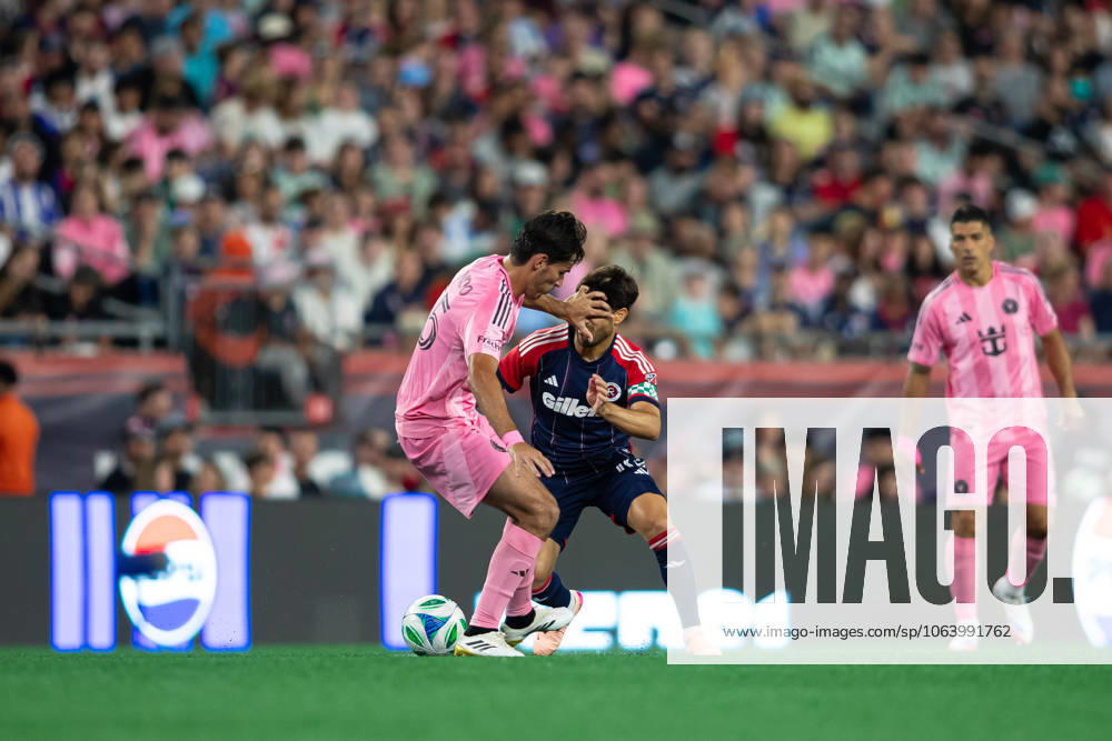 Foxborough, Massachusetts, USA; Inter Miami CF midfielder Sergio Busquets (5) pushes New England Revolution midfielder Carles Gil (10) in the face in a Major League Soccer game between the New England Revolution and Inter Miami CF at Gillette Stadium. (c) CSM - ZUMAc04_ 20250709_zma_c04_191