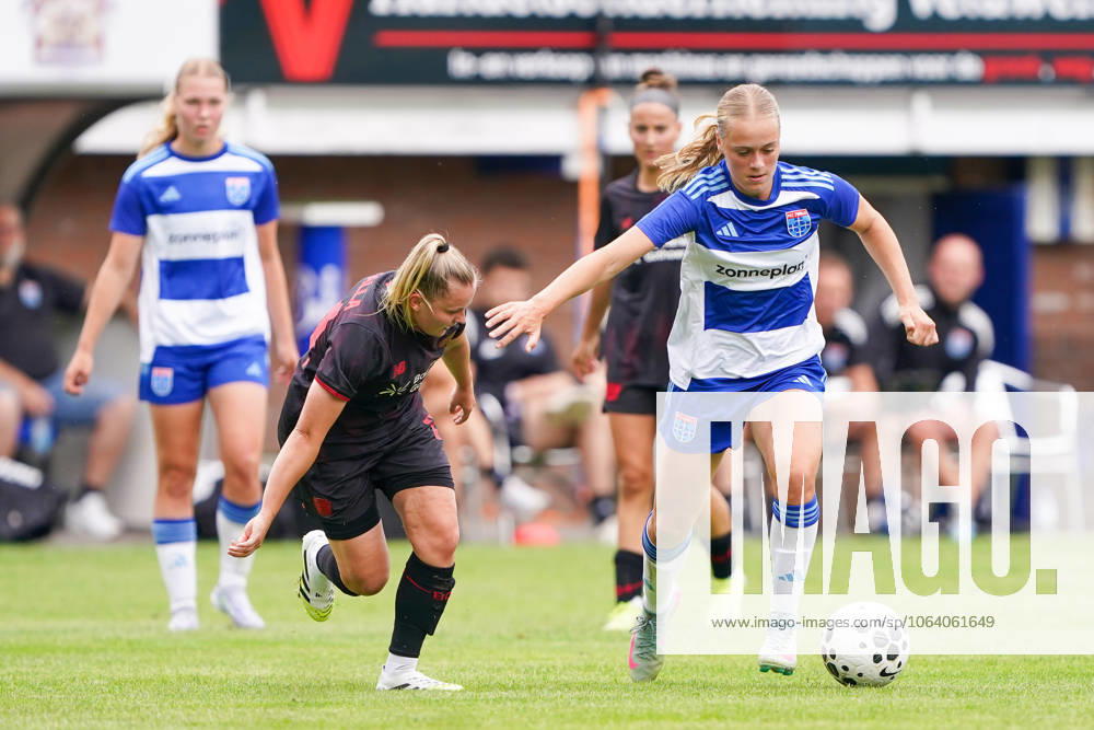 2025-07-11 PEC Zwolle Women v Bayer Leverkusen Women - Pre-season friendly WEZEP, NETHERLANDS - JULY 11: Vanessa Fudalla of Bayer Leverkusen 04, Ilse Kemper of PEC Zwolle during the Pre-season friendly match between PEC Zwolle Women and Bayer Leverkusen Women at Sportpark Mulderssingel on July 11, 2025 in Wezep, Netherlands. Wezep Sportpark Mulderssingel Netherlands Content not available for redistribution in The Netherlands directly or indirectly through any third parties.