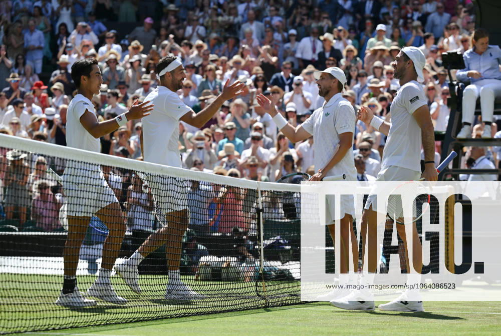 (250712) -- LONDON, July 12, 2025 -- Julian Cash (1st R) Lloyd Glasspool (2nd R) greet Rinky Hijikata (1st L) David Pel after the men s doubles final between Rinky Hijikata (Australia) David Pel (the Netherlands) and Julian Cash Lloyd Glasspool of Britain at the Wimbledon Tennis Championships in London, Britain, July 12, 2025. ) (SP)BRITAIN-LONDON-TENNIS-WIMBLEDON-MEN S DOUBLES-FINAL ZhaoxDingzhe