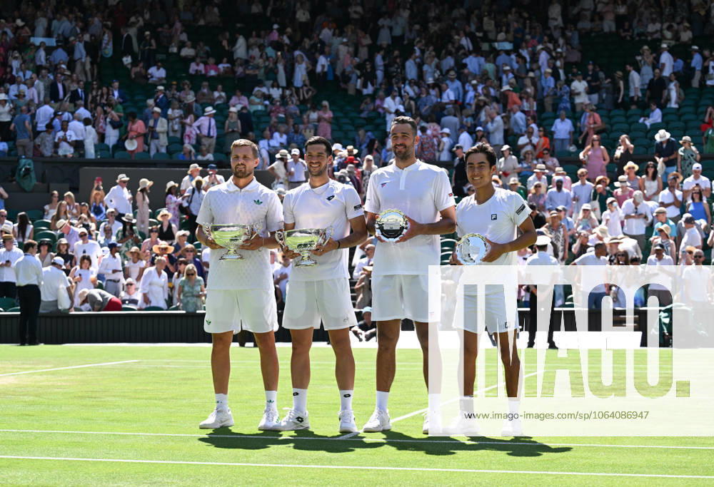 (250712) -- LONDON, July 12, 2025 -- Rinky Hijikata (1st R) David Pel (2nd R) and Julian Cash (2nd L) Lloyd Glasspool pose with their trophies during the awarding ceremony after the men s doubles final between Rinky Hijikata (Australia) David Pel (the Netherlands) and Julian Cash Lloyd Glasspool of Britain at the Wimbledon Tennis Championships in London, Britain, July 12, 2025. ) (SP)BRITAIN-LONDON-TENNIS-WIMBLEDON-MEN S DOUBLES-FINAL ZhaoxDingzhe