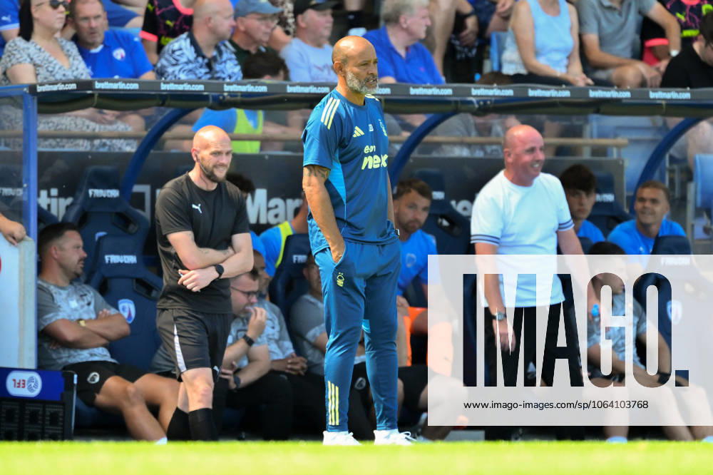 Chesterfield v Nottingham Forest - Pre-Season Friendly Nuno Espirito Santo, Nottingham Forest head coach, looks on during the pre-season friendly match between Chesterfield and Nottingham Forest at the SMH Group Stadium in Chesterfield, England, on July 12, 2025. Chesterfield Derbyshire United Kingdom
