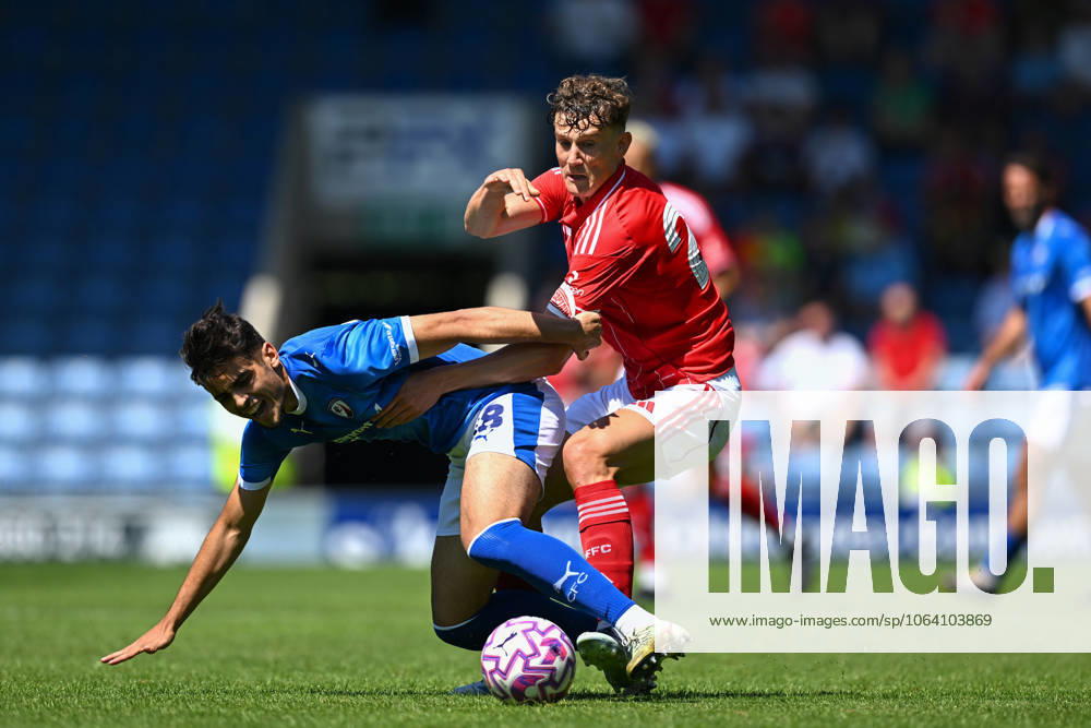 Chesterfield v Nottingham Forest - Pre-Season Friendly Ryan Yates of Nottingham Forest competes with Matt Dibley-Dias of Chesterfield during the pre-season friendly match between Chesterfield and Nottingham Forest at the SMH Group Stadium in Chesterfield, England, on July 12, 2025. Chesterfield Derbyshire United Kingdom