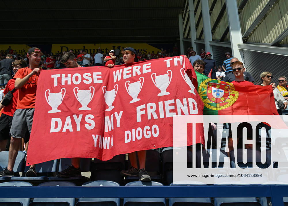 Preston, England, 13th July 2025. Liverpool fans holding a banner in tribute of Liverpool player Diogo Jota ahead of the Preston North End vs Liverpool Pre Season Friendly match at Deepdale, Preston. Picture credit should read: Cody Froggatt Sportimage . SPI_016_CF_PRESTON_V_LIVERPOOL SPI-4018-0016