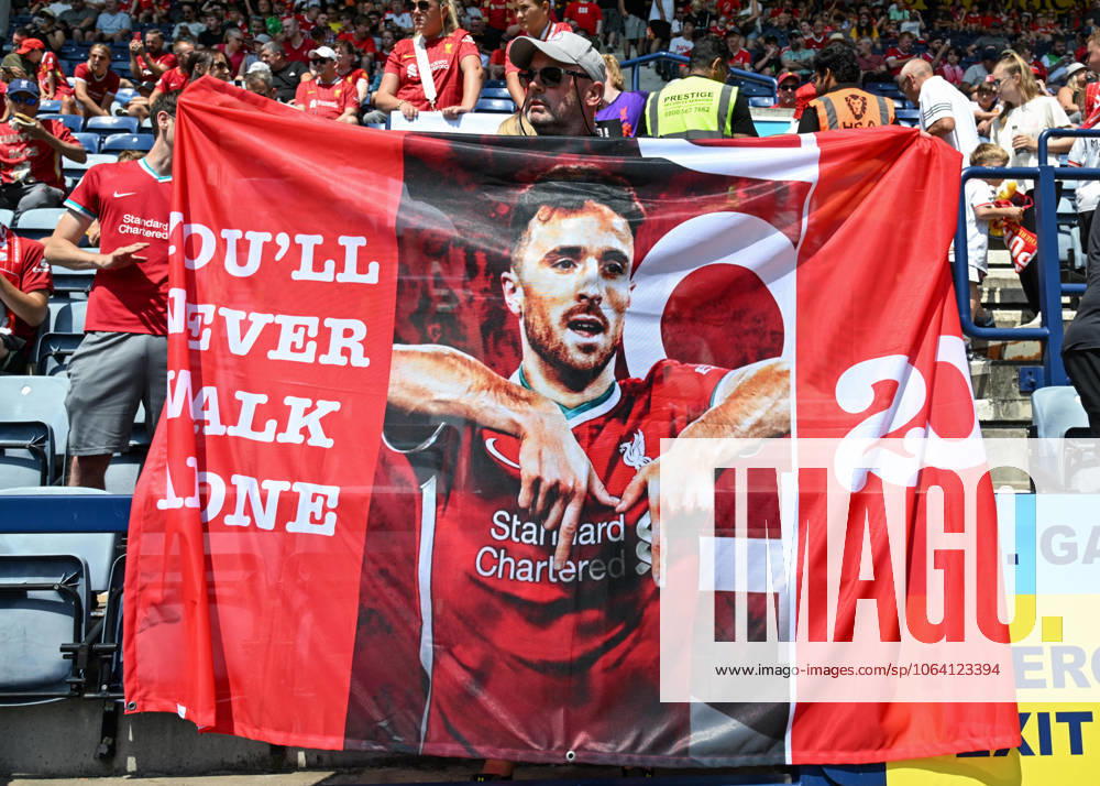 Preston, England, 13th July 2025. Liverpool fans holding a banner in tribute of Liverpool player Diogo Jota ahead of the Preston North End vs Liverpool Pre Season Friendly match at Deepdale, Preston. Picture credit should read: Cody Froggatt Sportimage . SPI_017_CF_PRESTON_V_LIVERPOOL SPI-4018-0017