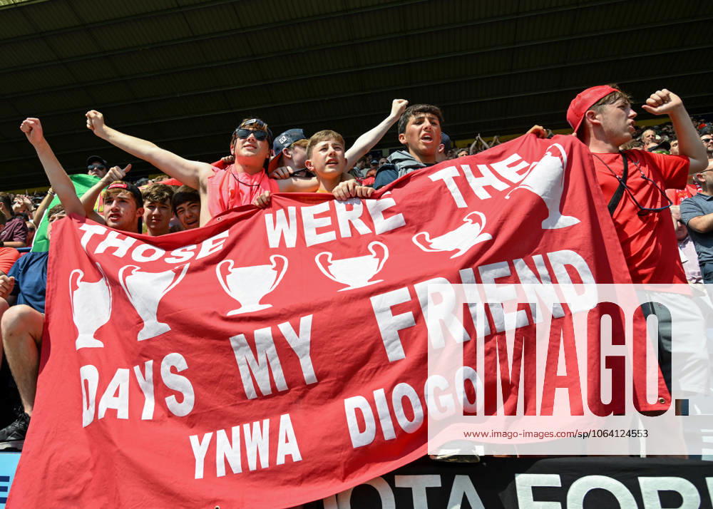 Preston, England, 13th July 2025. Liverpool fans holding a banner in tribute of Liverpool player Diogo Jota ahead of the Preston North End vs Liverpool Pre Season Friendly match at Deepdale, Preston. Picture credit should read: Cody Froggatt Sportimage . SPI_020_CF_PRESTON_V_LIVERPOOL SPI-4018-0023