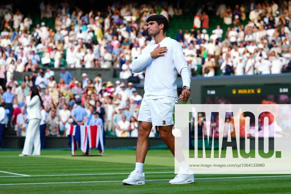 Carlos Alcaraz after defeat in the Gentlemen s Singles final Wimbledon Tennis Championships, Day 14, The All England Lawn Tennis and Croquet Club, London, UK - 13 Jul 2025London The All England Lawn Tennis and United Kingdom