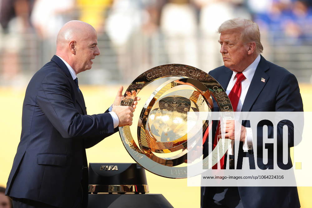 New Jersey, USA, 13th July 2025. Gianni Infantino President of FIFA and Donald Trump President of the United States of America deliver the FIFA Club World Cup 2025 trophy by Tiffany to Reece James of Chelsea FC following the Chelsea vs Paris Saint Germain FIFA Club World Cup match at Metlife Stadium, New Jersey. Picture credit should read: Jonathan Moscrop Sportimage . SPI_168_JM_CHELSEA_PSG_ SPI-4016-0168