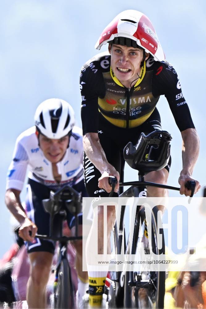 Belgian Remco Evenepoel of Soudal Quick-Step and Danish Jonas Vingegaard Hansen of Team Visma-Lease a Bike pictured at the finish of stage 13 of the 2025 Tour de France cycling race, an 11km individual time trial from Loudenvielle to Peyragudes, on Friday 18 July 2025 in France. The 112th edition of the Tour de France starts on Saturday 5 July in Lille, France, and will finish in Paris, France on the 27th of July. JASPERxJACOBS x129501057x