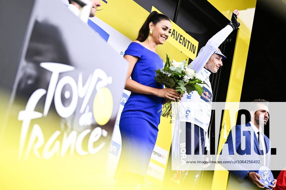 German Florian Lipowitz of RedBull-BORA-hansgrohe celebrates on the podium in the white jersey for best young rider after stage 14 of the 2025 Tour de France cycling race, from Pau to Luchon-Superbagneres (183 km), on Saturday 19 July 2025 in France. The 112th edition of the Tour de France starts on Saturday 5 July in Lille, France, and will finish in Paris, France on the 27th of July. JASPERxJACOBS x129573199x