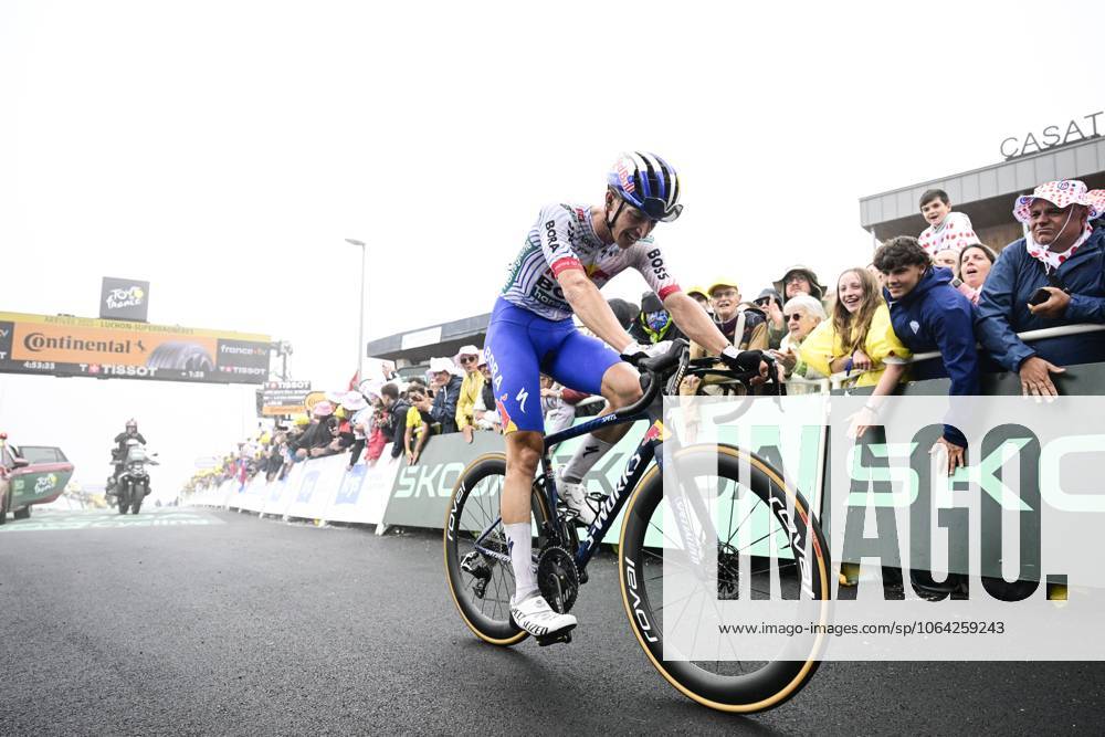 German Florian Lipowitz of RedBull-BORA-hansgrohe crosses the finish line of stage 14 of the 2025 Tour de France cycling race, from Pau to Luchon-Superbagneres (183 km), on Saturday 19 July 2025 in France. The 112th edition of the Tour de France starts on Saturday 5 July in Lille, France, and will finish in Paris, France on the 27th of July. DIRKxWAEM x129575586x