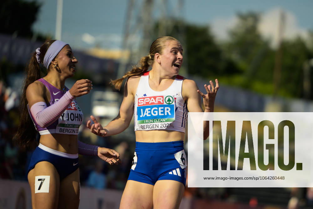 Henriette Jaeger of Norway celebrates after women s 400 meters final during day 3 of the European U23 athletic championships on July 19, 2025 in Bergen Photo Simon Hastegard BILDBYRAN kod SH SH0642 friidrott athletics friidrett under 23 u23 european athletics u23 championships 202 3 bbeng jubel