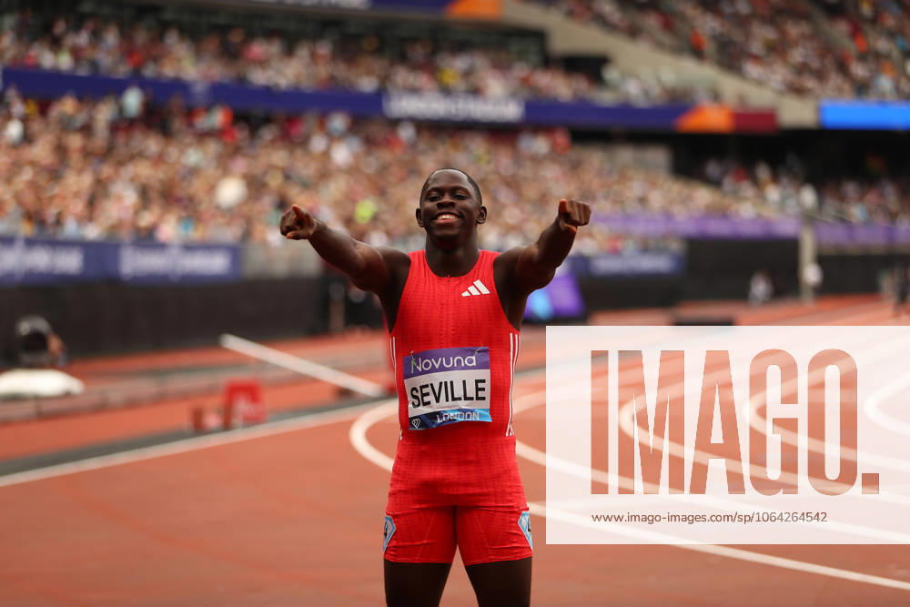 19th July 2025; London Stadium, London, England; 2025 London Diamond League Athletics; Oblique Seville after winning the 100m. ActionPlus12815170 KatiexChan Content restricted for UK based newspaper