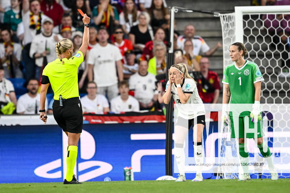 Referee Tess Olofsson shows Lathrin Hendrich Germany schows the red card during the UEFA Women s EURO 2025 Quarter Final match between France and Germany at St Jakob Park on July 19, 2025 in Basel, Switzerland Photo by Harry Langer DeFodi Images