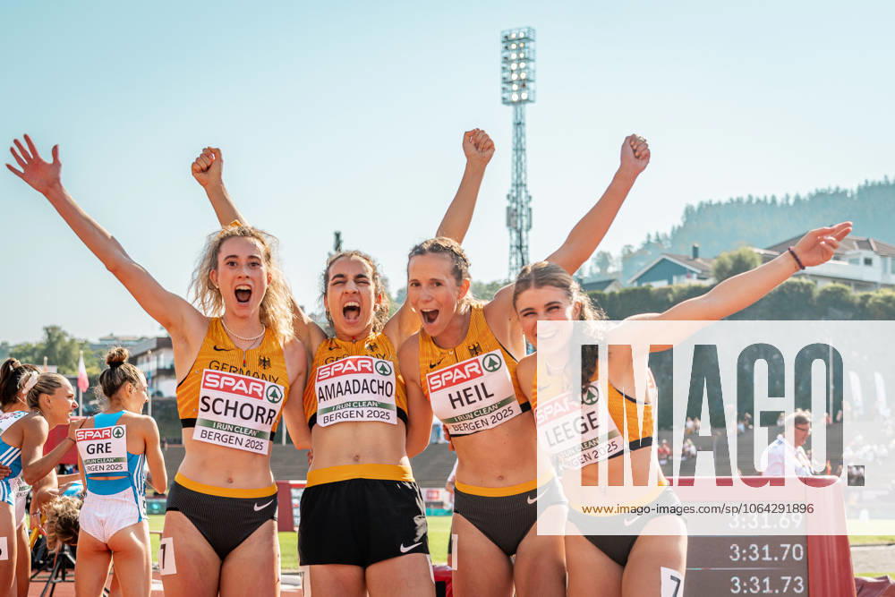 Yasmin Amaadacho Frankfurt Athletics, 4x400m Relay Women , Sabrina Heil Frankfurt Athletics, 4x400m Relay Women , Lena Leege SCC Berlin, 4x400m Relay Women , Maja Schorr SV Go Saar 05, 4x400m Relay Women , NOR, Leichtathletik, Athletics, European Athletics U23 Championships 2025, European Athletics U23 Championships, Bergen, 20 07 2025, NOR, Athletics, Athletics, European Athletics U23 Championships 2025, European Athletics U23 Championships, Bergen, 20 07 2025 Bergen