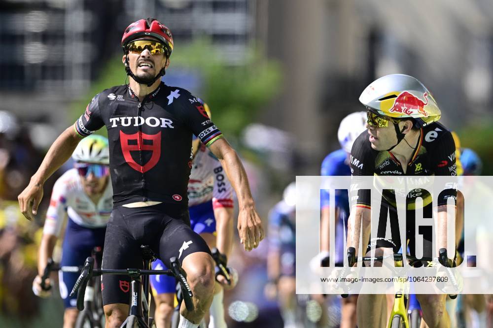 French Julian Alaphilippe of Tudor Pro Cycling Team, Belgian Wout van Aert of Team Visma-Lease a Bike and pictured crossing the finish line of the stage 15 of the 2025 Tour de France cycling race, from Muret to Carcasonne (169 km), on Sunday 20 July 2025 in France. The 112th edition of the Tour de France starts on Saturday 5 July in Lille, France, and will finish in Paris, France on the 27th of July. DIRKxWAEM x129658593x