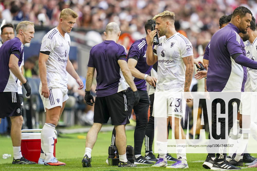 Manchester United, ManU FC v Leeds United FC, Pre-Season Friendly, Stockholm Manchester United defender Matthijs de Ligt (4) and Manchester United defender Luke Shaw (23) during the Manchester United FC v Leeds United FC Pre-Season Friendly match at the Strawberry Arena, Stockholm, Sweden on 19 July 2025 Credit: Eleanor Hoad Every Second Media Editorial use only. All images are copyright Every Second Media Limited. No images may be reproduced without prior permission.