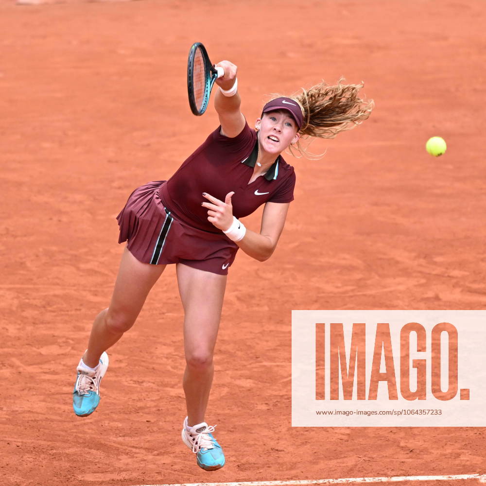 2025 Roland-Garros - Day 3 PARIS, FRANCE - MAY 27: Mirra Andreyeva of Russia in action against Cristina Bucsa (not seen) of Moldova in the Women s Singles First Round match on Day Three of the 2025 French Open at Court Suzanne Lenglen in Paris, France on May 27, 2025. France World. Editorial use only. Please get in touch for any other usage.