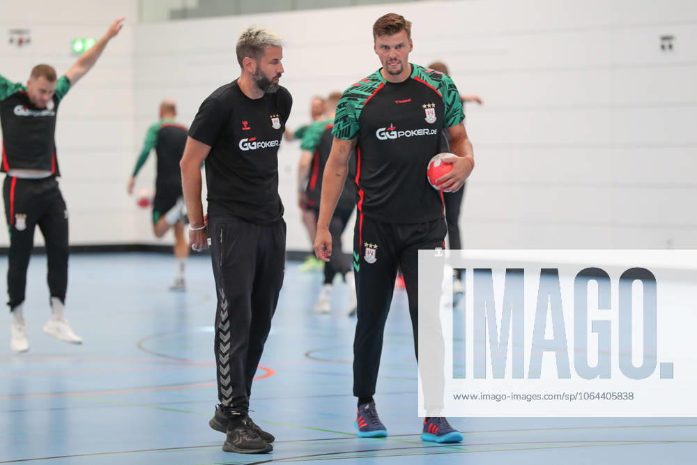 Handball Daikin HBL SC Magdeburg training kick-off 2025 season 26, f l Bennet Wiegert Magdeburg, coach and Sergey Hernandez Ferrer Magdeburg, 1 Magdeburg