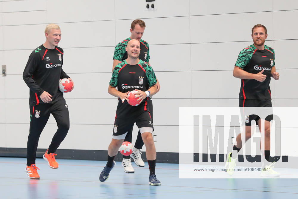 Handball Daikin HBL SC Magdeburg training kick-off season 2025 26, v l Magnus Saugstrup Magdeburg, 23 , Daniel Pettersson Magdeburg, 11 , Felix Claar Magdeburg, 7 , Magnus Saugstrup Magdeburg, 23 Magdeburg
