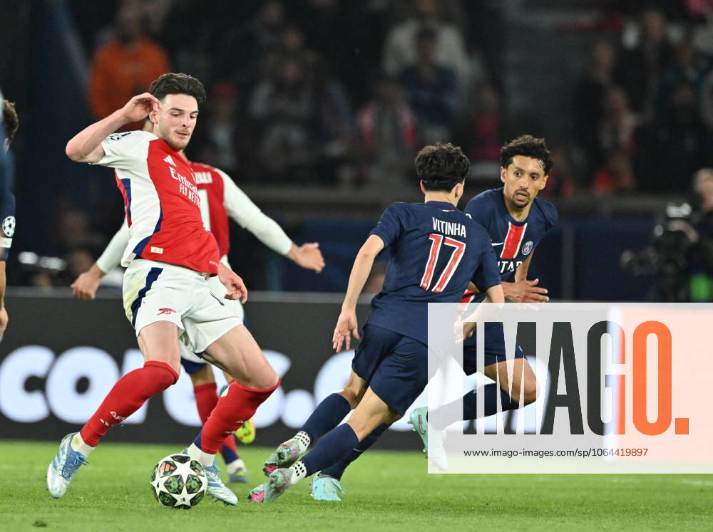 PSG v Arsenal - UEFA Champions League PARIS, FRANCE - MAY 7: Vitinha of PSG competes with Declan Rice of Arsenal during the UEFA Champions League second leg semi-final match between PSG and Arsenal at Parc des Princes stadium in Paris, France on May 7, 2025. France World. Editorial use only. Please get in touch for any other usage.