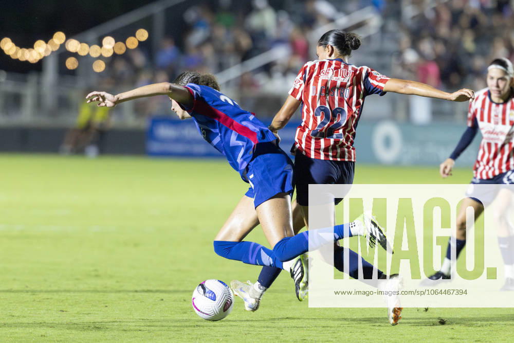Guadalajara forward DENISE CASTRO (22) makes a move on the ball and trips up North Carolina Courage defender MAYCEE BELL (27) during the second half of the International Exhibition game between MexicoÃ¢â‚¬â ¢s Chivas De Guadalajara and the NC Courage at First Horizon Stadium in Cary, North Carolina. NC Courage defeated the Chivas de Guadalajara 4-0. Cary USA - ZUMAa220 20250725_znp_a220_018