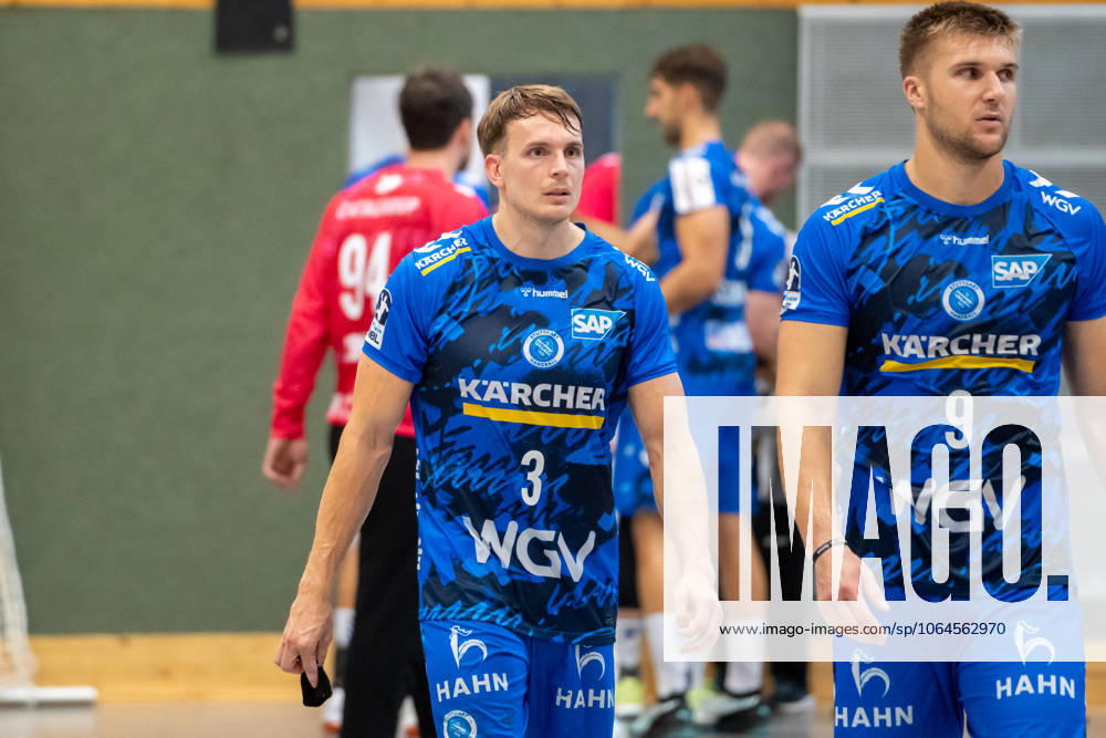 Handball I Men I Season 2025 2026 I Test match I TVB Stuttgart BSV Bern I 28 07 2025 Max Häfner 3, TVB Stuttgart and Gianfranco Pribetic 9, TVB Stuttgart in the new jersey Community hall Bittenfeld Waiblingen Baden Württemberg Germany