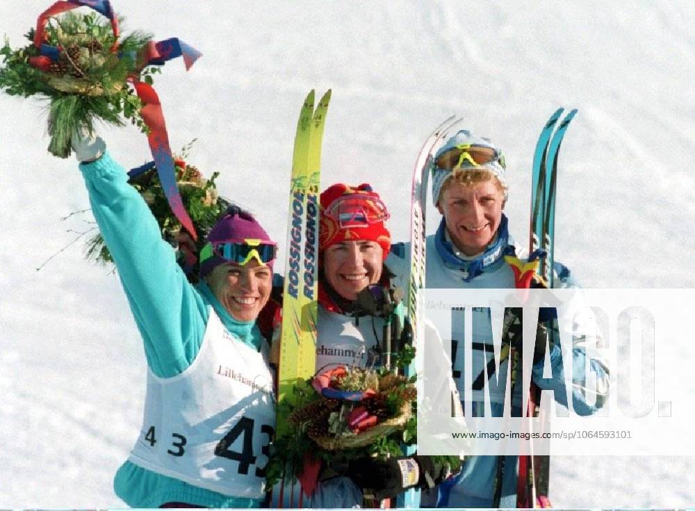 LIL02 Lillehammer Olympics 1994 Cross-country skiing, 5 km classic, women The winning trio of todays 5 km cross-country skiing are veterans in the track Together they are 96 years From left Manuela Di Centa, Italy gold, 31 years, Ljubov Jegorova, Russia gold, 27 years and Maria Liisa Kirvies . RESTRICTED USE FOR BETTING COMPANIES Ref:0240247796st