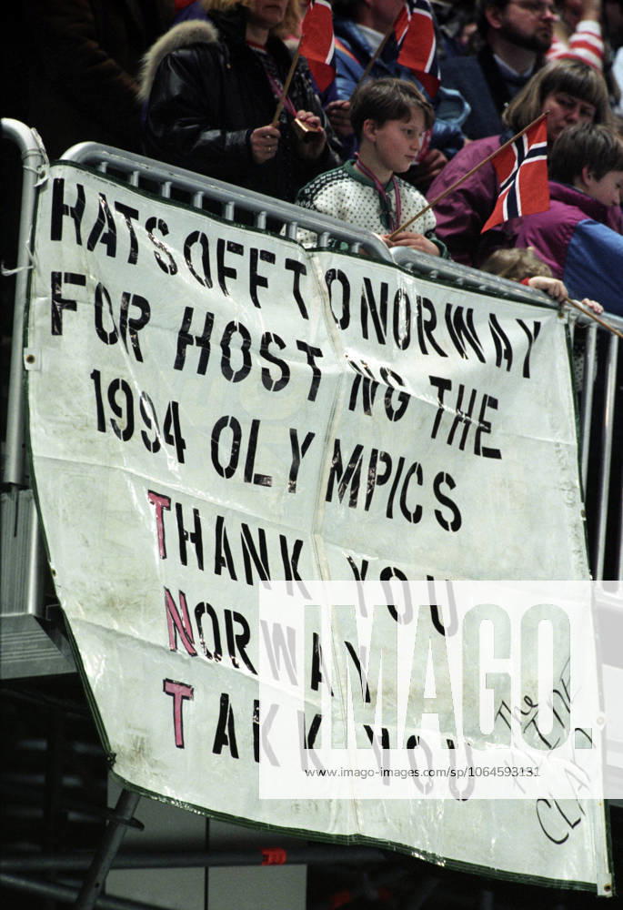 Historical images HAMAR 1994 02 19 Olympic Games 1994 Lillehammer Hurtiglop, women, 500 meters Interior from Hamar Ol historical images HAMAR 1994 02 19 Olympic Games 1994 Lillehammer Hurtiglop, women, 500 meters Interior from Hamar Olympiahall vikingskipet Foreign spectators have hung up a poster thanking Norway for the Lillehammer Olympics The text reads Hats off to Norway for hosting the 1994 Olympics Thank you Norway, Thank you Photo Lise Aserud NTB NTB Also on negative Div outsiders in action at 500 meters Susan Auch CAN and Ye Qiabo CHN neg 32000 732 B Kristen Talbot USA neg 32000 732 C Svetlana Boyarkina RUS Mayumi Mayamoto JPN and Oksana Ravilova RUS neg 32000 732 D Shiho Kusunose JPN FL 32000 732 E Sun Hee Yoo KOR falling, Kyoko Shimazaki JPN neg 32000 732 F Catriona Le May falling RESTRICTED USE FOR BETTING COMPANIES
