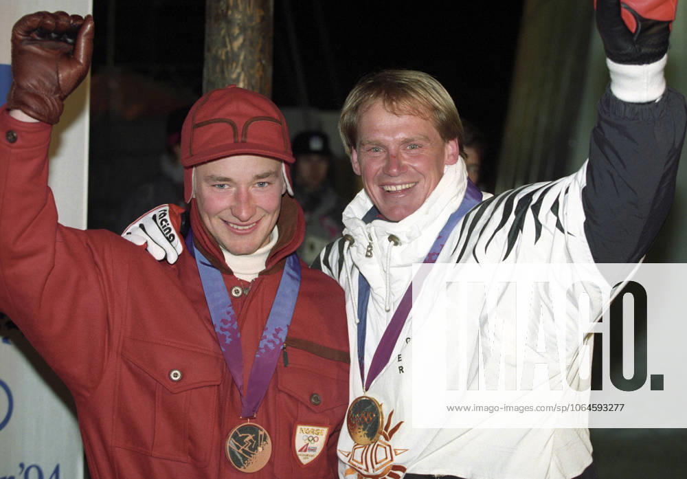 LILLEHAMMER 19940217 Winter Olympics in Lillehammer Award ceremony for mens super G Kjetil Andre Aamodt won bronze and Markus Wasmeier from Germany won gold PHOTO JAN GREVE NTB Lillehammer Norway . RESTRICTED USE FOR BETTING COMPANIES Ref:0240476328st