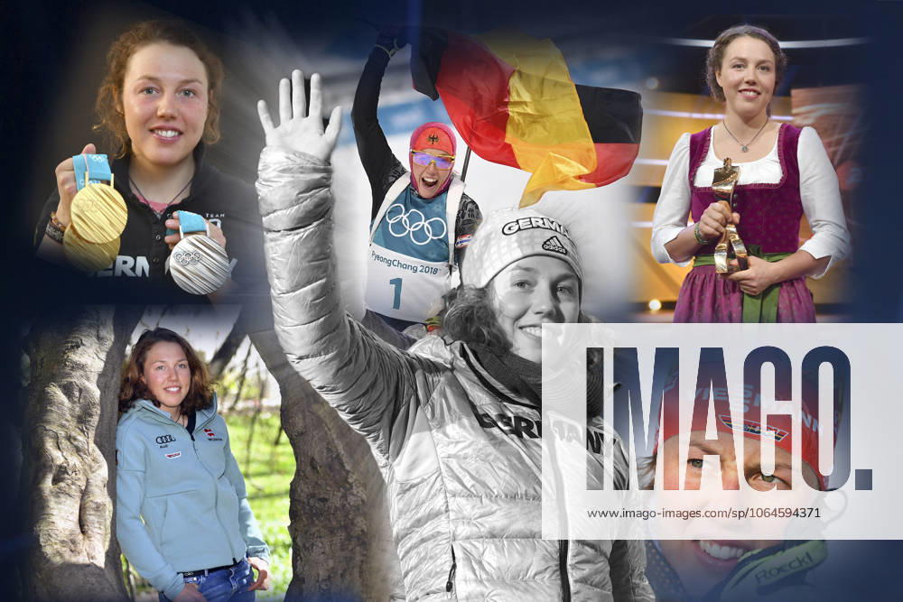 PHOTOMONTAGE On the tragic death of Laura DAHLMEIER in a mountain accident in Pakistan Stages of her sporting career as a biathlete