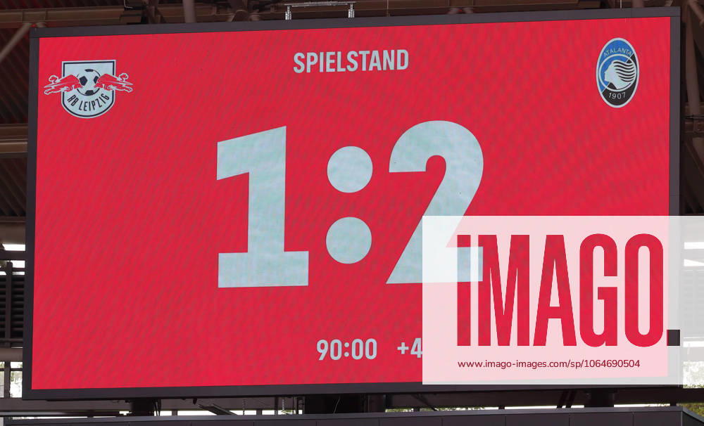 RB Leipzig Bergamo Test Match Leipzig, 02 08 2025, Red Bull Arena, Soccer, Test Match , RB Leipzig DEU vs Atalanta Bergamo ITA 1 2 1 0 , In the picture final result on the scoreboard ,