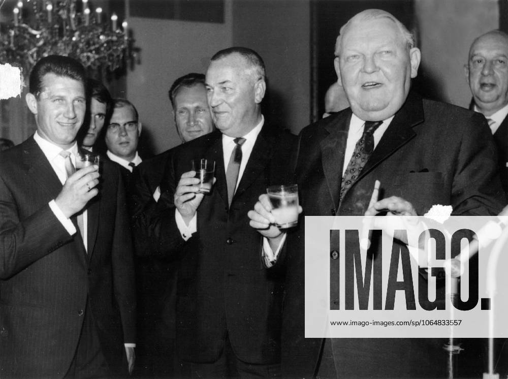 Football Germany Federal Chancellor Ludwig Erhard received the 1 FC Cologne, the new German Football champion u B Z v l Hans Schaefer, half hidden Wolfgang Overath and Georg Stollenwerk The Players , , Franz Kremer, Erhard and DFB President Dr Goessmann 02 06 1964 in Bonn Germany