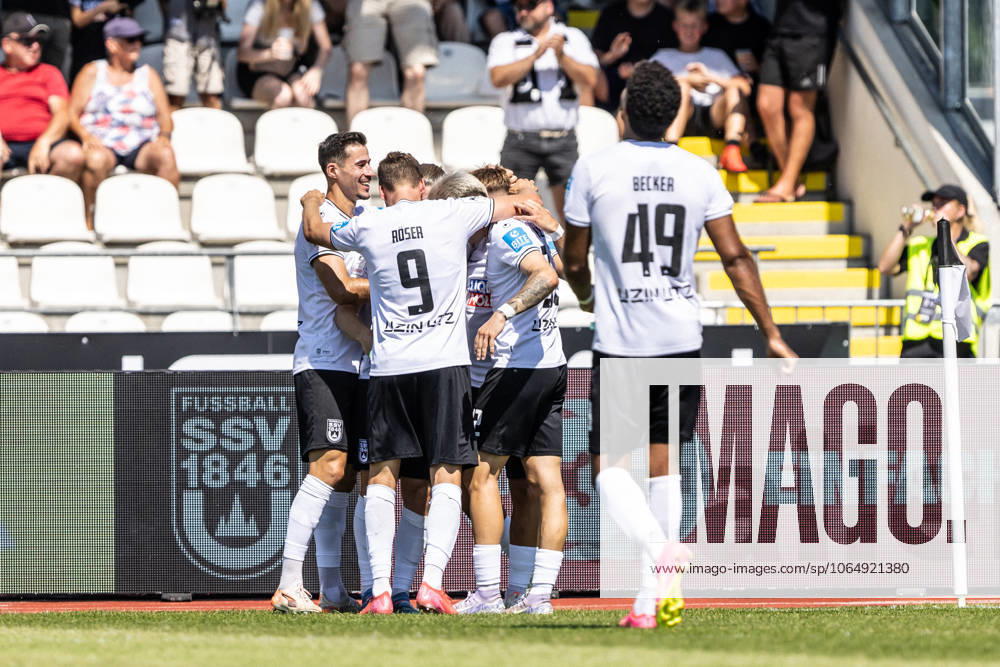 Soccer, Season 2025 2026, 3 Liga, Donaustadion Ulm, 2 Matchday, SSV Ulm 1846 Soccer FC Erzgebirge Aue, 09 08 2025 09 08 2025, Soccer, Season 2025 2026, 3 Liga, Donaustadion Ulm, 2 Matchday, SSV Ulm 1846 Soccer FC Erzgebirge Aue, Goal celebration joy after goal Goal shot to 1 0 by 28 Max Scholze SSV Ulm 1846 Soccer Photo Lucca Fundel Ulm Donaustadion Baden Württemberg Germany