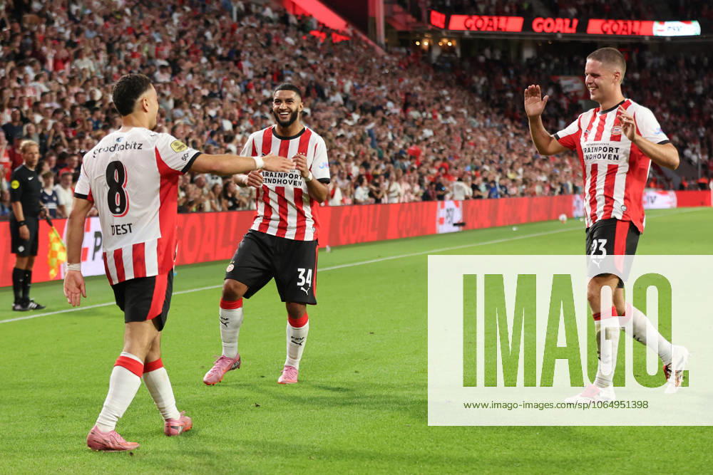 Sergino Dest of PSV celebrates after scoring the goal with Ismael Saibari of PSV and Joey Veerman of PSV during the match PSV Sparta at the Philips stadium for the Dutch Eredivisie season 2025 2026 in EINDHOVEN, Netherlands on 9 august 2025, photo by Peter Lous EYE4images DeFodi Images