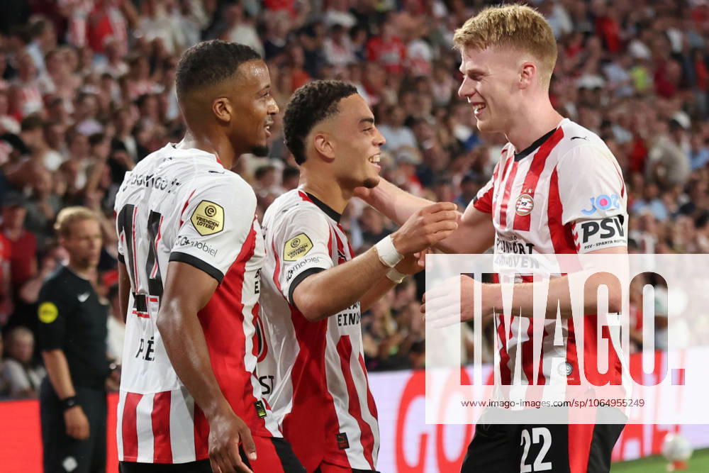 Sergino Dest of PSV celebrates after scoring the goal with Jerdy Schouten of PSV during the match PSV Sparta at the Philips stadium for the Dutch Eredivisie season 2025 2026 in EINDHOVEN, Netherlands on 9 august 2025, photo by Peter Lous EYE4images DeFodi Images