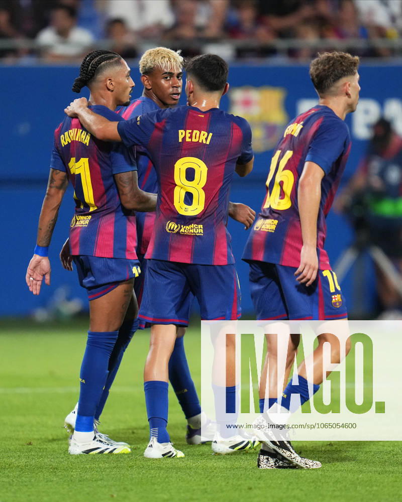 ESP: FC Barcelona, Barca v Como 1907. Joan Gamper Trophy Raphael Dias Belloli Raphinha, Lamine Yamal and Pedro Gonzalez Pedri of FC Barcelona during the Joian Gaper Trophy match between FC Barcelona and Como 1907 played at Johan Cruyff Stadium on August 10, 2025 in Barcelona, Spain. kpng