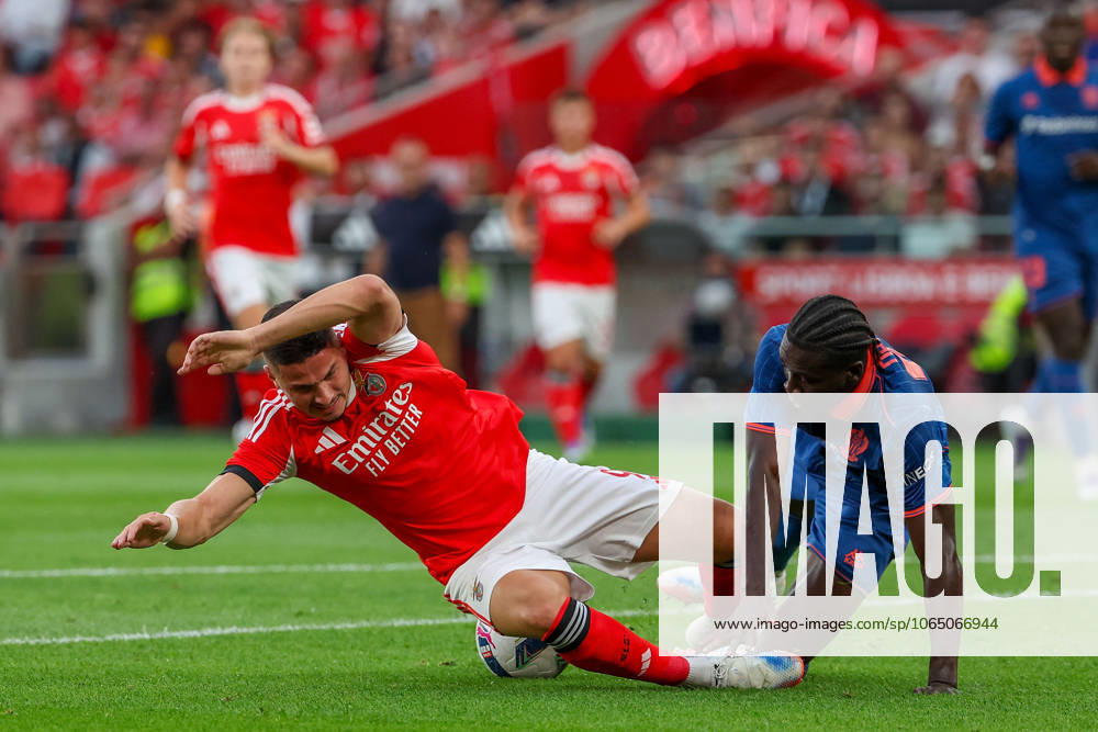 Portugal, Lisbon 2025 08 12 Second leg Third qualifying round Uefa Champions League 2025 26 , S L Benfica OGC Nice v l , Ivanovic S L Benfica , Kojo Peprah Oppong OGC Nice duel, action, action, battles for the ball in the penalty area
