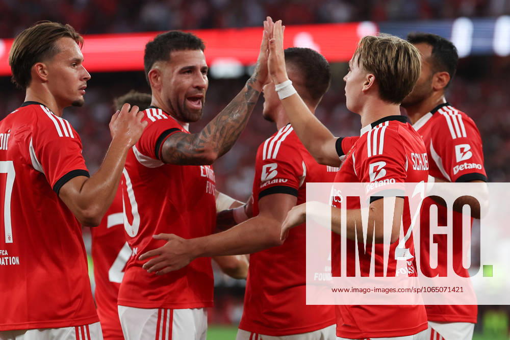 Portugal, Lisbon 2025 08 12 Second leg Third qualifying round Uefa Champions League 2025 26 , S L Benfica OGC Nice v l , Dedic S L Benfica , Nicolas Otamendi S L Benfica , Ivanovic S L Benfica , Andreas Schjelderup S L Benfica , Vangelis Pavlidis S L Benfica Goal celebration, celebrate the goal