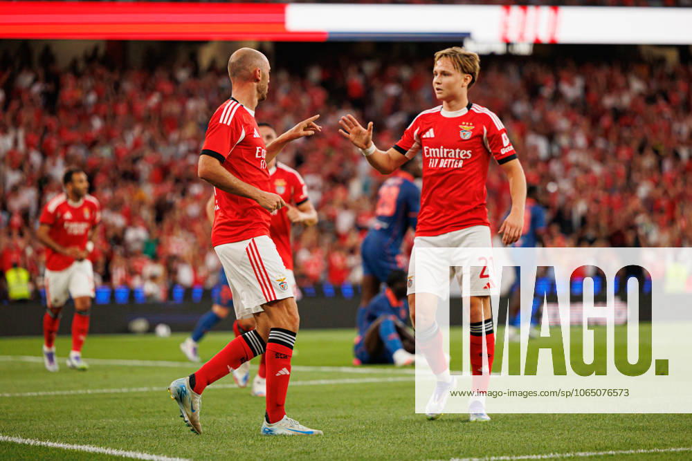 Fredrik Aursnes and Andreas Schjelderup seen celebrating after scoring goal during Champions League third round qualifying game between SL Benfica and OGC Nice (Maciej Rogowski) Lisbon Estadio Da Luz Portugal