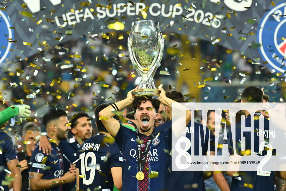CALCIO - UEFA Super Cup - Paris Saint-Germain FC vs Tottenham Hotspur FC Vitinha of Paris Saint-Germain F.C. celebrate the vicroty of the UEFA Super Cup 2025 match between Paris Saint-Germain F.C. and Tottenham Hotspur F.C. at Friuli Stadium on August 13, 2025 in Udine, Italy. Udine Italy