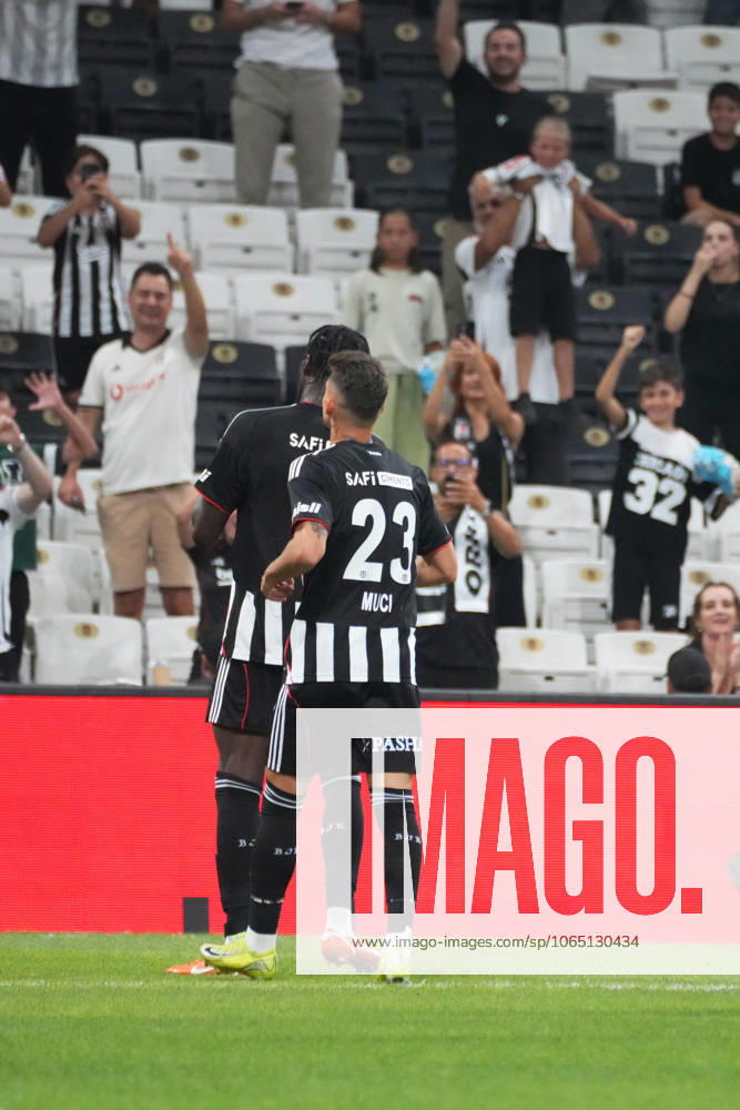 Tammy Abraham of Besiktas celebrates after scoring the second goal of his team with Ernest Muci (23) during the UEFA Conference League 2025 26 Third Qualifying Round Second Leg match between Besiktas and St Patricks at Tupras Stadium on August 14, 2025 in Istanbul , Turkey. ( Photo by Seskimphoto ) Istanbul Turkey Istanbul Turkey