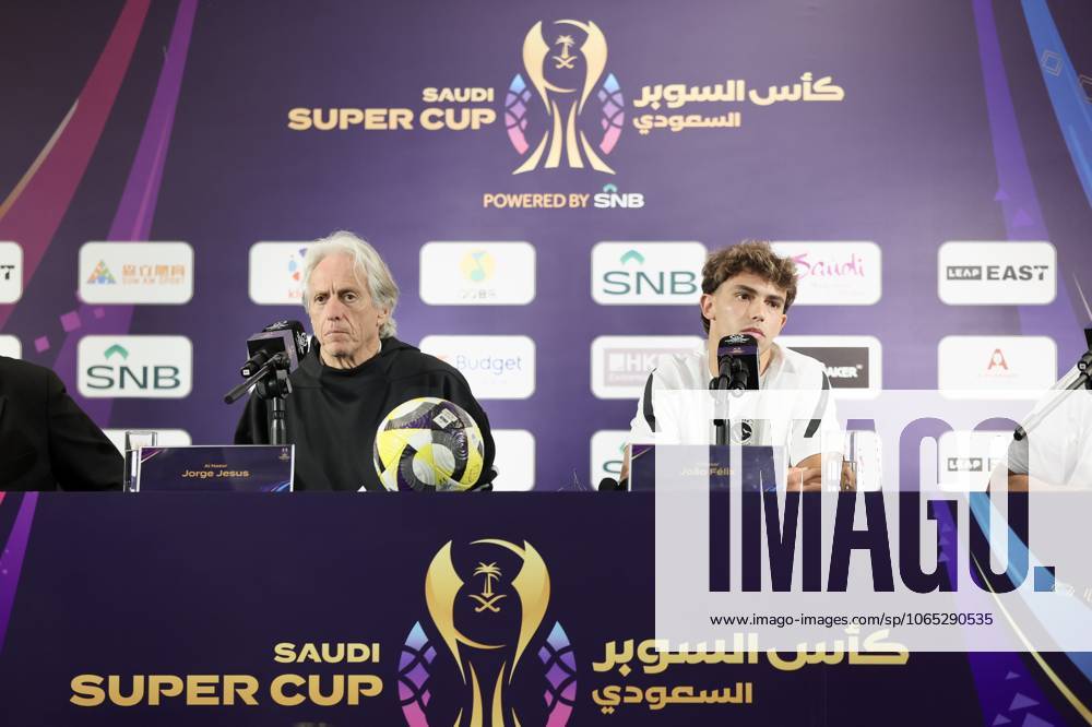 Joao Felix of Al Nassr (R) and Jorge Jesus, head coach of Al Nassr (L) meet media during the Saudi Super Cup pre-match press conference, PK, Pressekonferenz at JW Marriott on August 18, 2025 in Hong Kong, China.