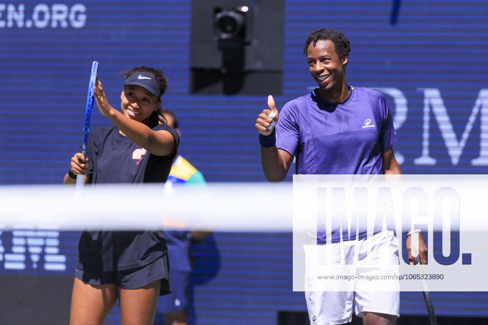 Naomi Osaka and Gael Monfils cheer a point during a mix doubles match against Caty McNally and Lorenzo Musetti at the 2025 US Open at USTA Billie Jean King National Tennis Center on Tuesday August 19, 2025 in the Flushing neighborhood of the Queens borough of New York City. JAVIER ROJAS PI Flushing Meadows USA - ZUMAp124 20250819_zaa_p124_006