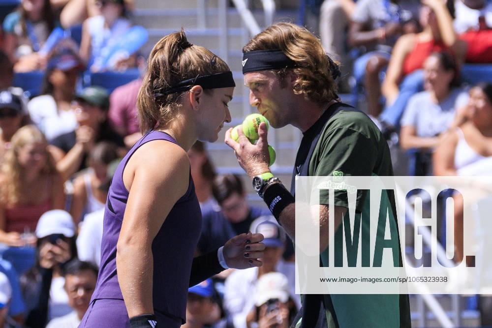 Karolina Muchova and Andrey Rublev talk strategy during a mix doubles match against Venus Williams and Reilly Opelka at the 2025 US Open at USTA Billie Jean King National Tennis Center on Tuesday August 19, 2025 in the Flushing neighborhood of the Queens borough of New York City. JAVIER ROJAS PI Flushing Meadows USA - ZUMAp124 20250819_zaa_p124_020