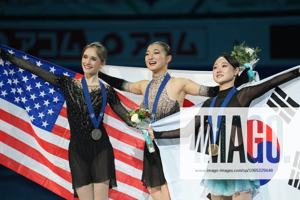 World Figure skating, Eiskunstlauf Championships 2024 - Women Free Skating MONTREAL, CANADA - MARCH 22 : Gold medalist Kaori Sakamoto of Japan, silver medalist Isabeau Levito of USA and bronze medalist Chaeyeon Kim of South Korea after the Women Free Skating during World Figure Skating Championships 2024 in Montreal, Quebec, Canada on March 22, 2024. Quebec Canada. Editorial use only. Please get in touch for any other usage.
