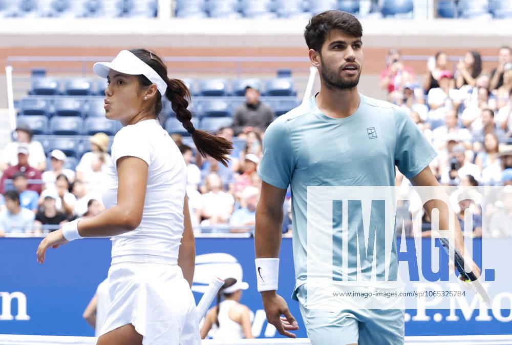 Emma Raducanu of Great Britain and Carlos Alcaraz of Spain react after a point in their round one match against Jessica Pegula and Jack Draper of Great Britain in the mixed doubles championships in Arthur Ashe Stadium at the 2025 US Open Tennis Championship at the USTA Billie Jean King National Tennis Center in New York City on Tuesday, August 19, 2025 in New York City. Jessica Pegula and Jack Draper of Great Britain defeated Emma Raducanu of Great Britain and Carlos Alcaraz of Spain 4-2, 4-2 and advance to the quarterfinals. NYP20250819103 JOHNxANGELILLO